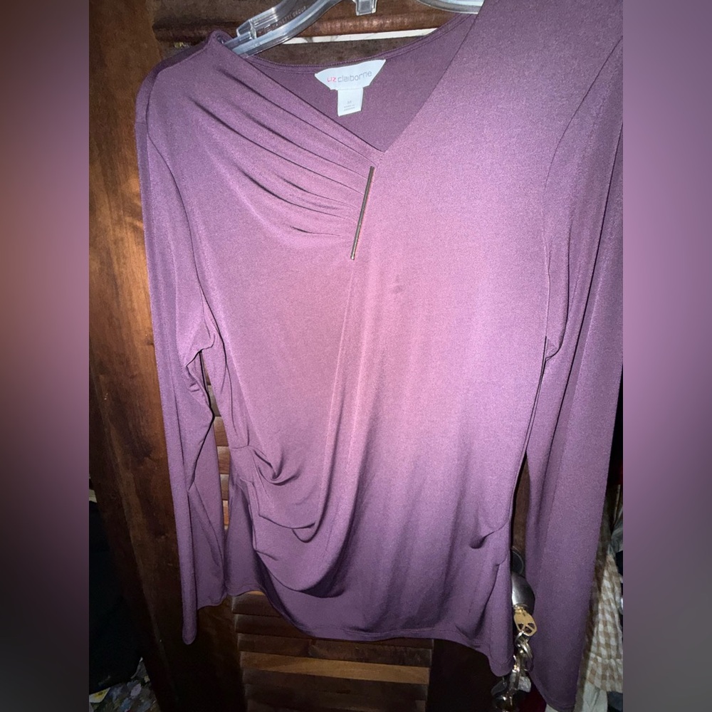 Liz Claiborne Long Sleeve V-Neck Draped Top - Plum